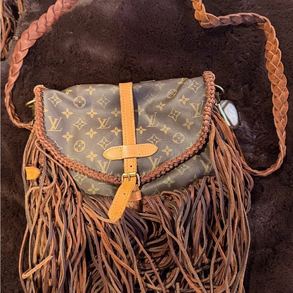 Designer Monogram Brown Crossbody Bag with Fringe - Picture 2 of 5